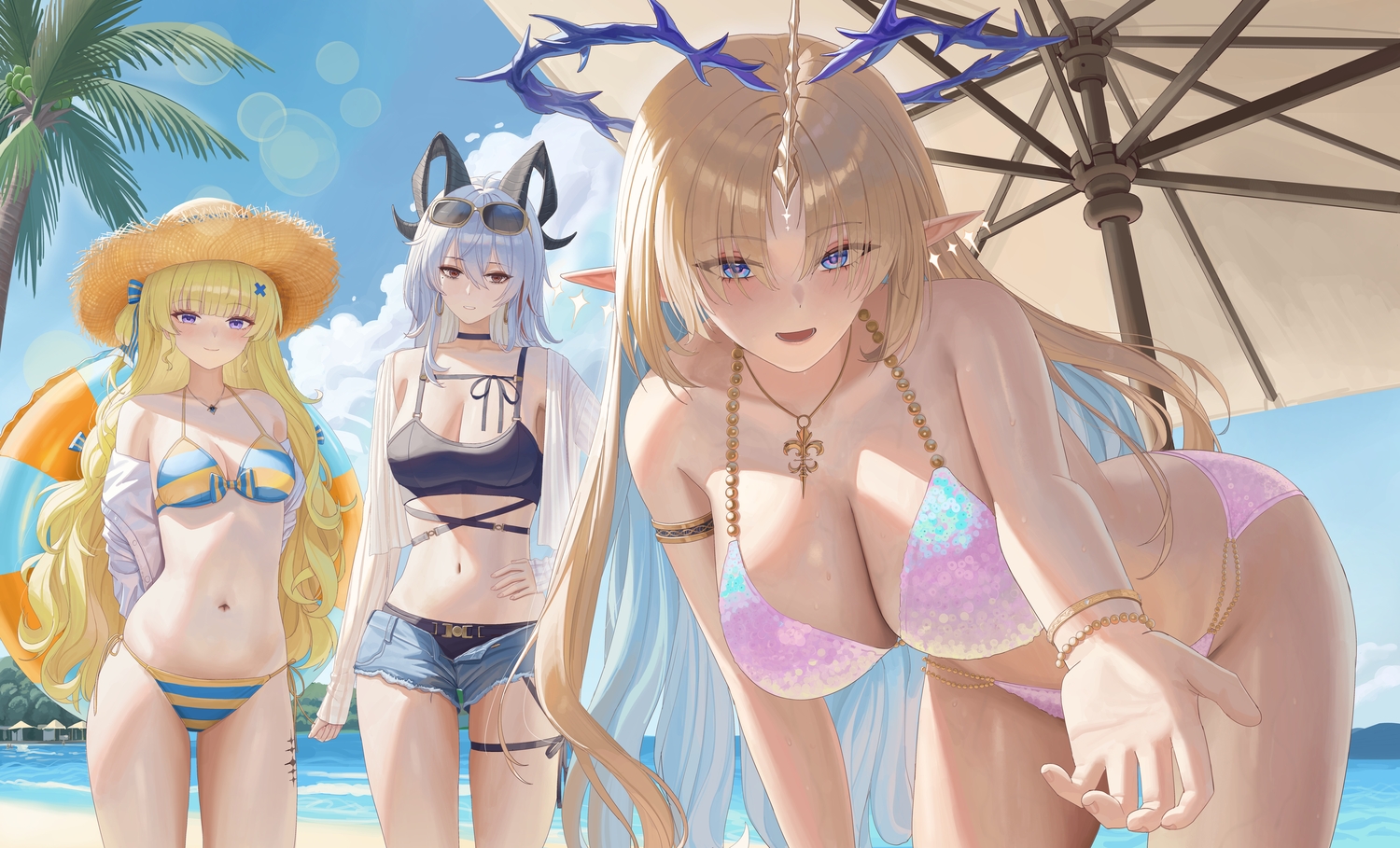 beach, blonde_hair, blue_eyes, blush, breasts, cleavage, clouds, fleurdelys_(wuthering_waves), garter, gray_hair, halo, hat, horns, long_hair, navel, necklace, phoebe_(wuthering_waves), pointed_ears, purple_eyes, shade, shorts, sky, soul_(smfa2555), sunglasses, swim_ring, tree, umbrella, water, wristwear, wuthering_waves, zani_(wuthering_waves)
