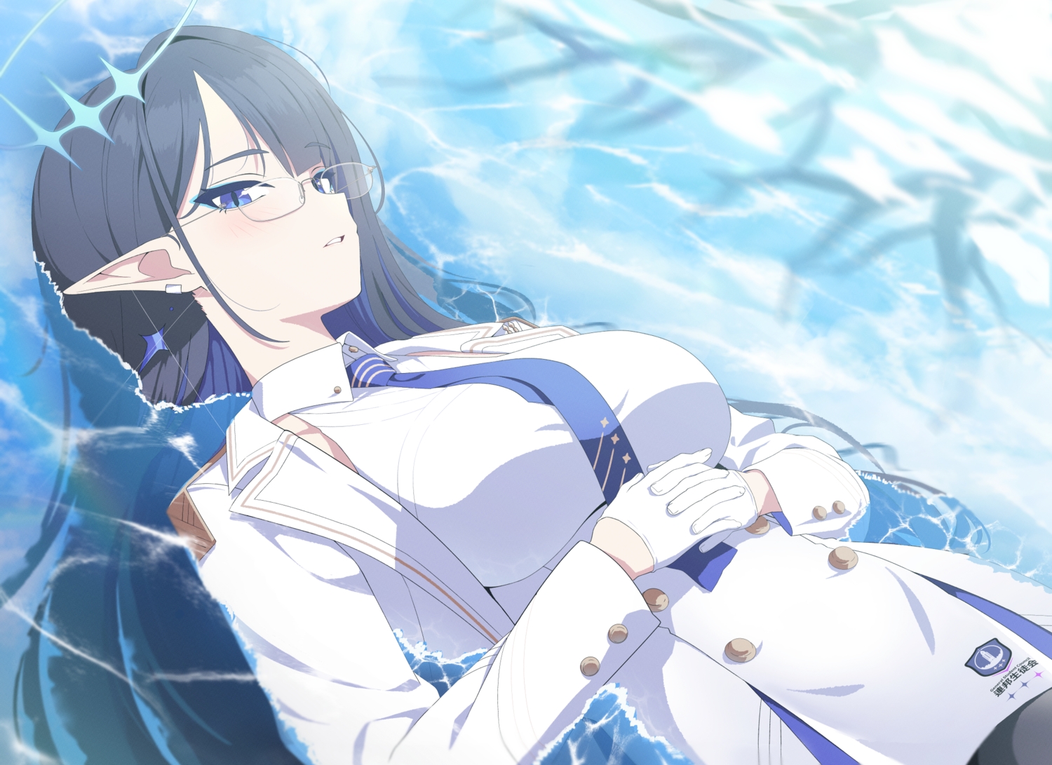 aliasing, black_hair, blue_archive, blue_eyes, cropped, dress, giga-tera, glasses