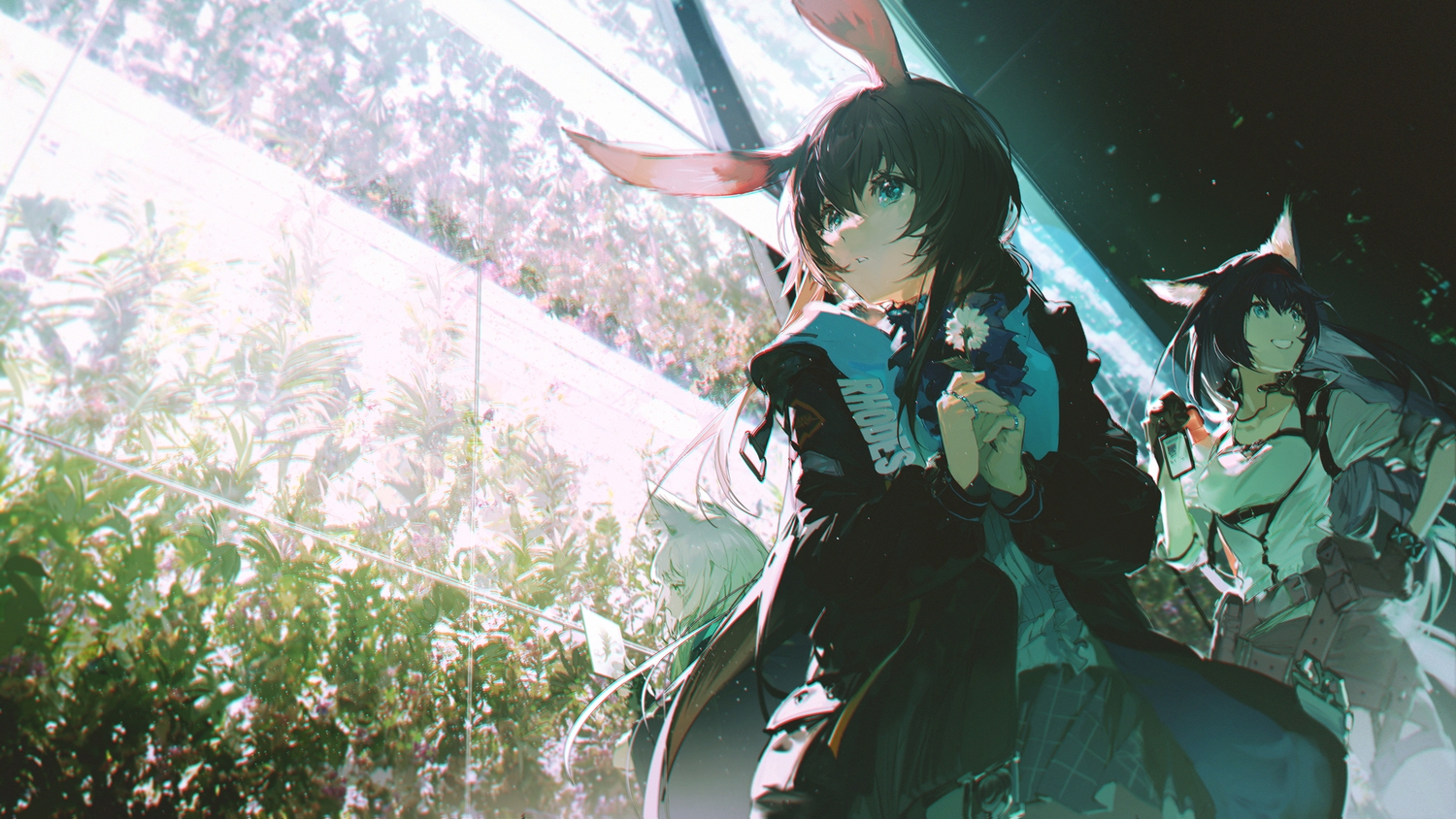 amiya_(arknights), animal_ears, aqua_eyes, arknights, black_hair, blaze_(arknights), brown_hair, bunny_ears