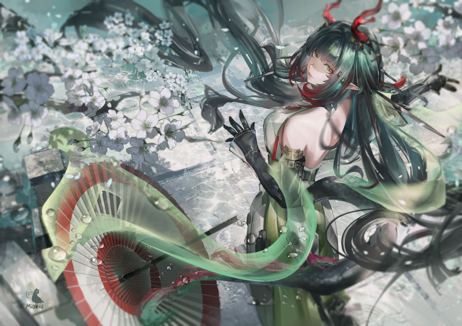 arknights, arknights:_endfield, elbow_gloves, flowers, gloves, green_eyes, green_hair, long_hair