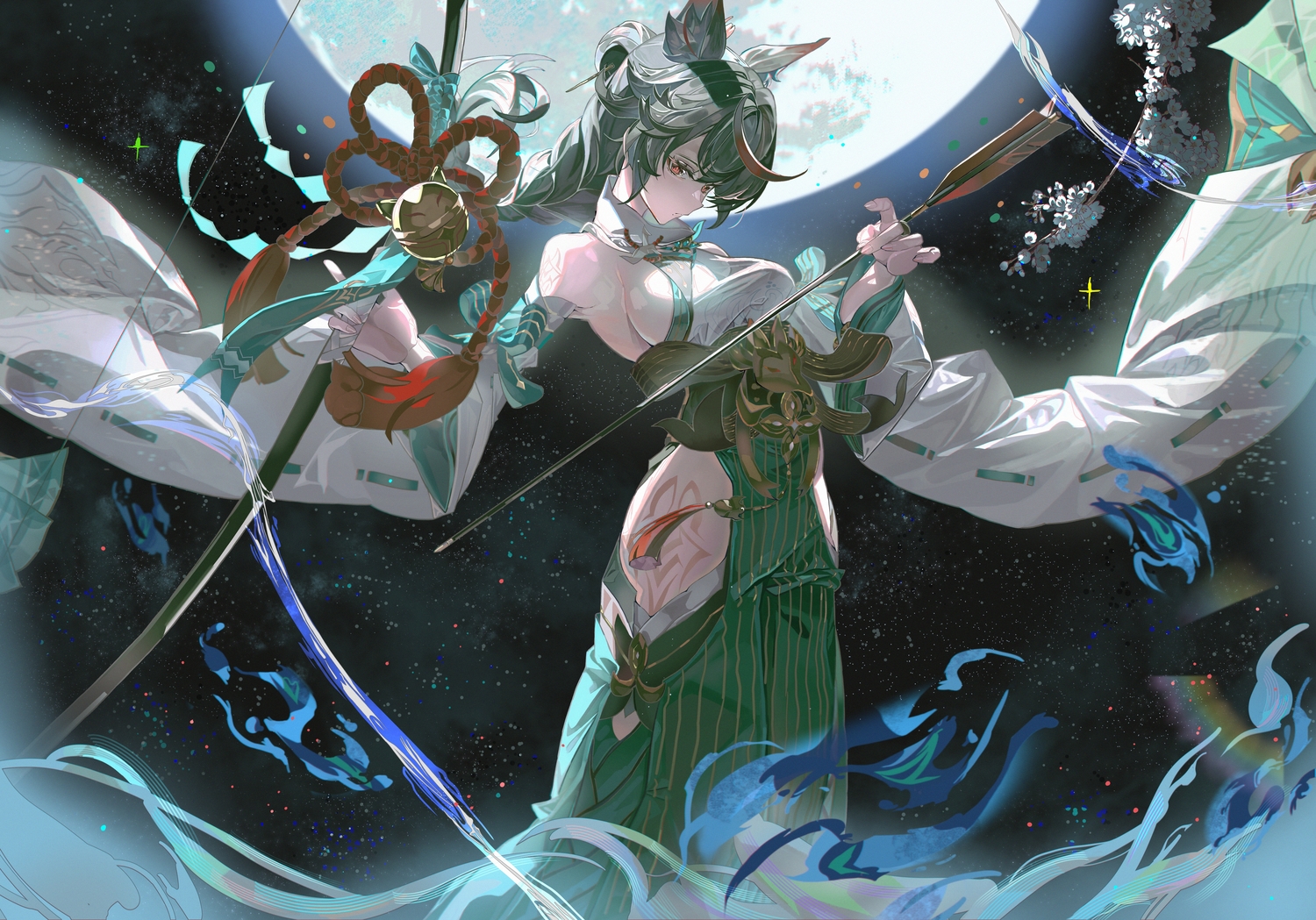 a999212, animal_ears, bell, black_hair, bow_(weapon), braids, breasts, flowers