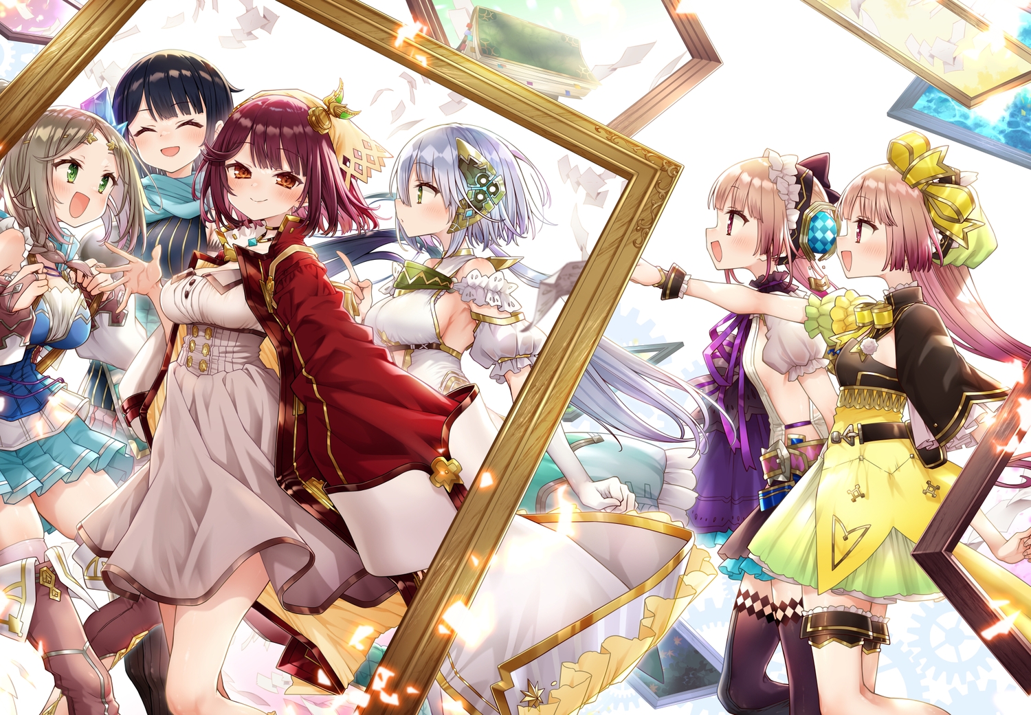 alt_(ctrldel), atelier, atelier_firis, atelier_lydie_&_suelle, atelier_sophie, black_hair, blush, book, breasts, brown_hair, dress, elbow_gloves, firis_mistlud, garter, gloves, gray_hair, group, liane_mistlud, long_hair, lydie_malen, necklace, orange_eyes, paper, pink_eyes, plachta, ponytail, purple_hair, short_hair, sideboob, skirt, sophie_neuenmuller, suelle_malen, thighhighs, twins, zettai_ryouiki
