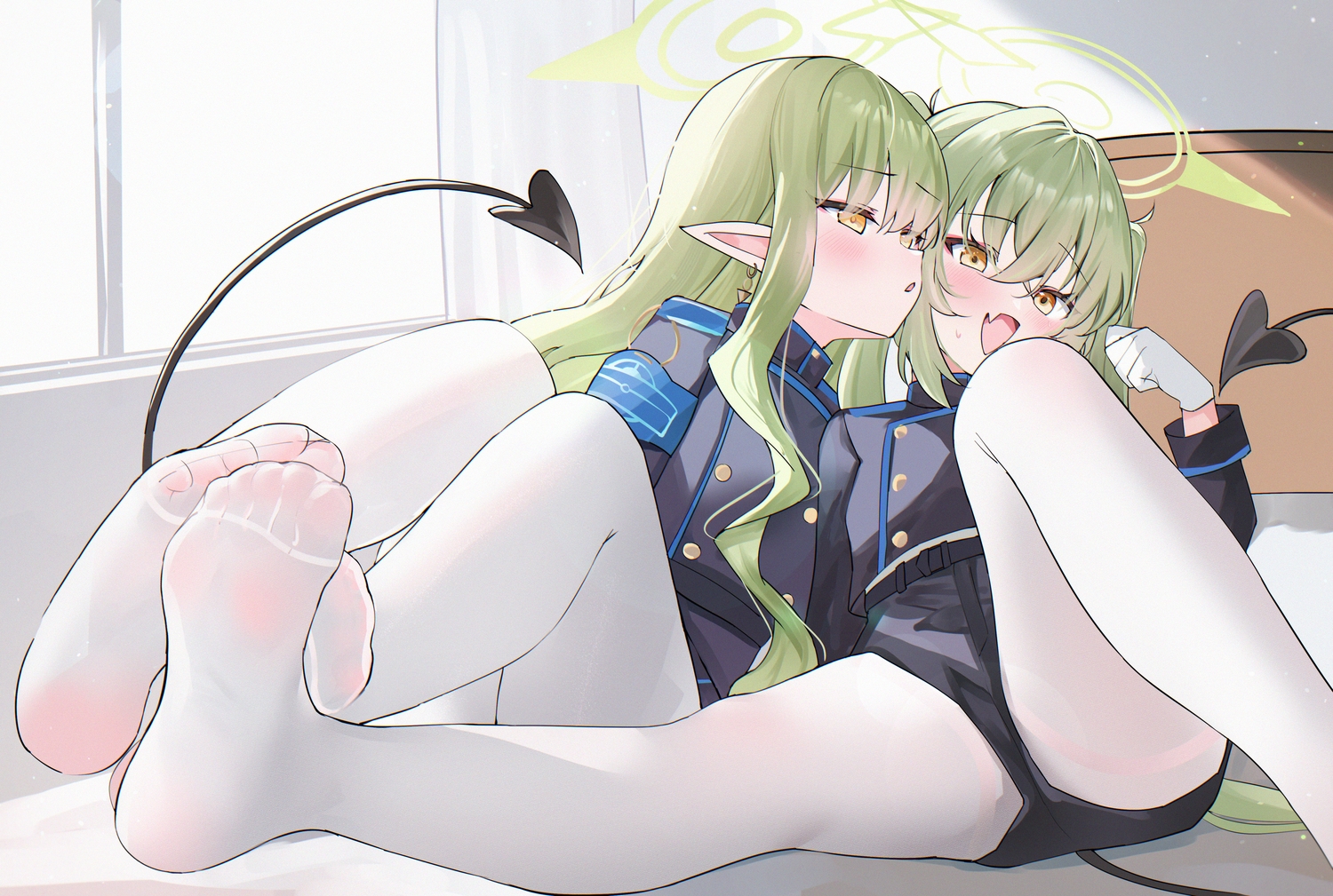 2girls, bed, blue_archive, blush, fang, gloves, green_hair, halo