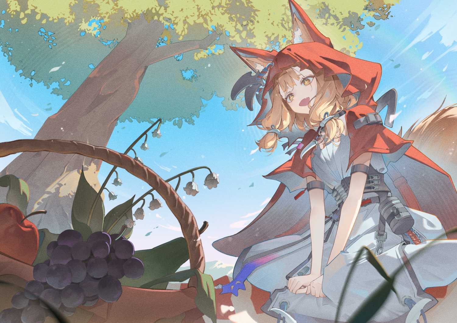 animal_ears, apple, arknights, arknights:_endfield, brown_eyes, brown_hair, cape, clouds