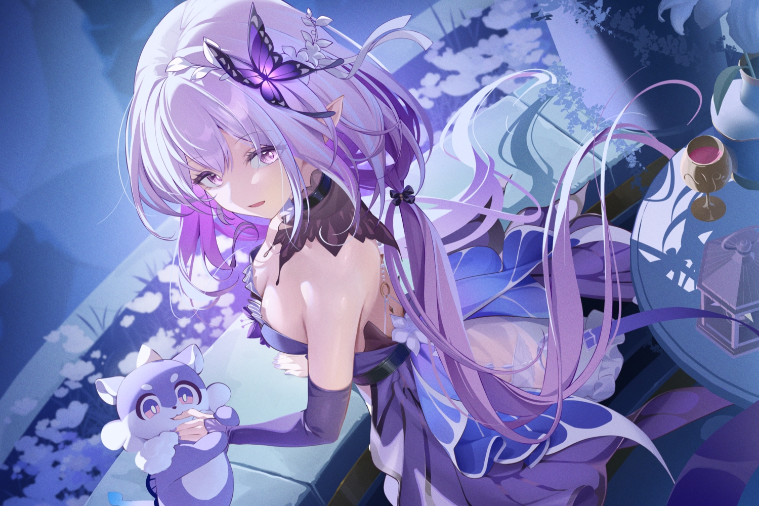 animal, breasts, castorice_(honkai:_star_rail), cleavage, dress, drink, flowers, grass, hino_kagutsuki, honkai_(series), honkai:_star_rail, long_hair, pointed_ears, purple_eyes, purple_hair, twintails