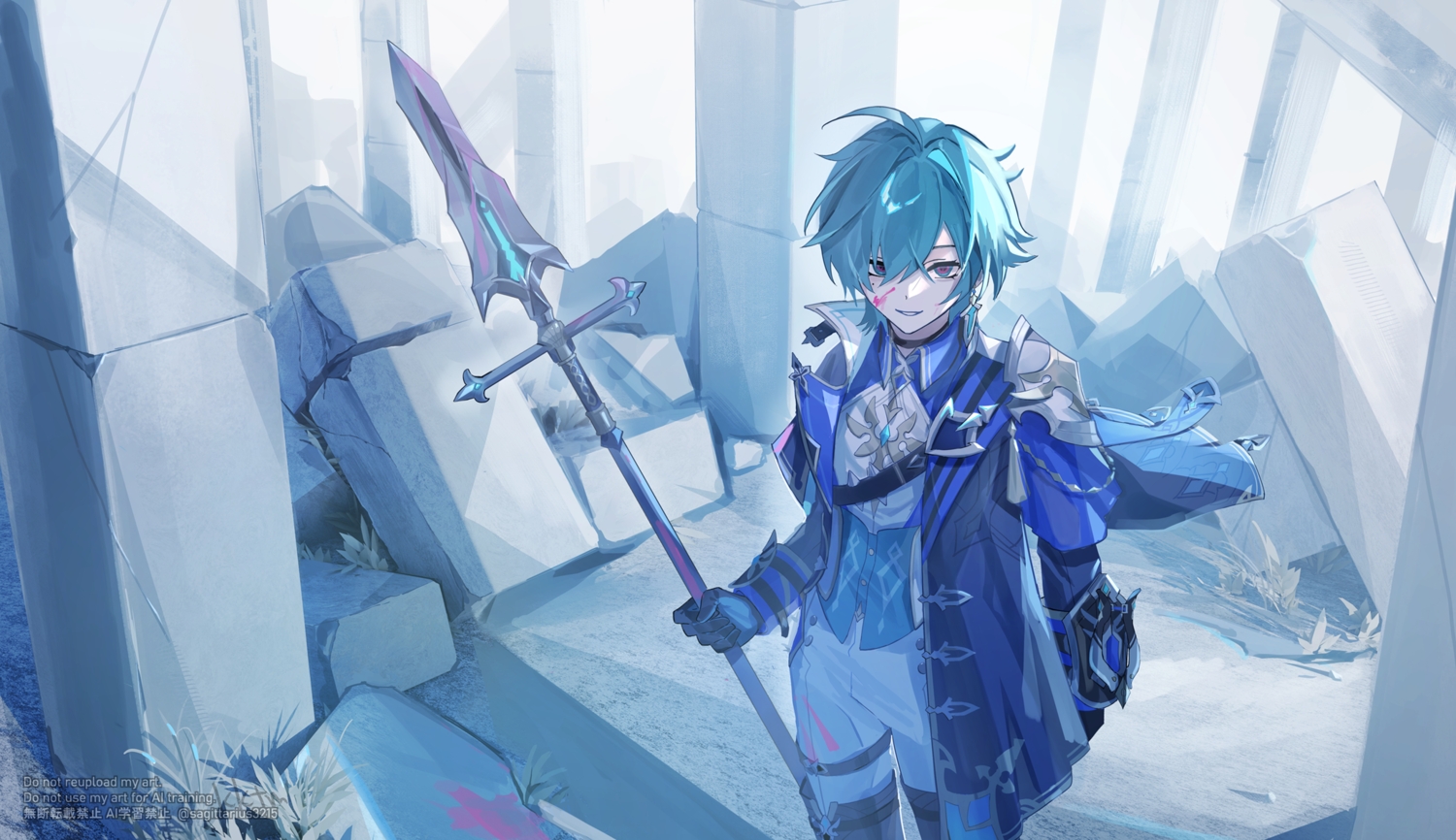 all_male, aqua_hair, armor, blood, garter, genshin_impact, gloves, grass, kukatsuma, lohen_(genshin_impact), male, ruins, short_hair, spear, weapon