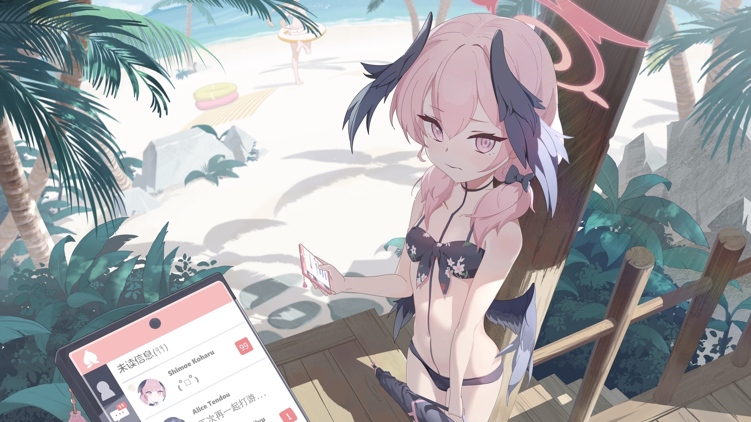 2girls, barefoot, beach, bikini, blue_archive, blush, dalian_(artist), gun
