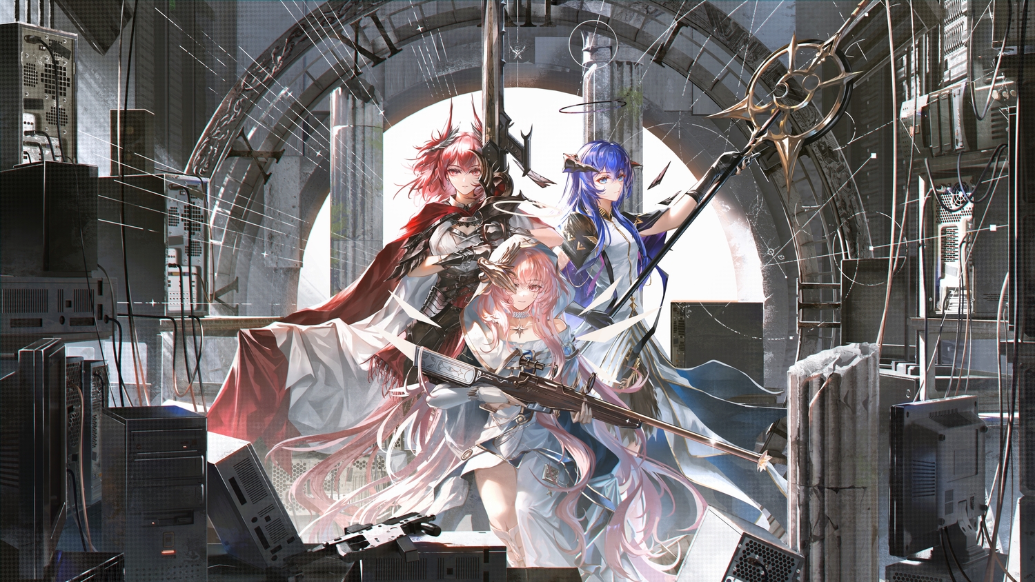 arknights, blue_eyes, blue_hair, choker, computer, dress, flammetta_(arknights), gun, halo, horns, lemuen_(arknights), long_hair, mostima_(arknights), necklace, pink_eyes, pink_hair, red_eyes, red_hair, ruins, staff, sword, weapon, z_05