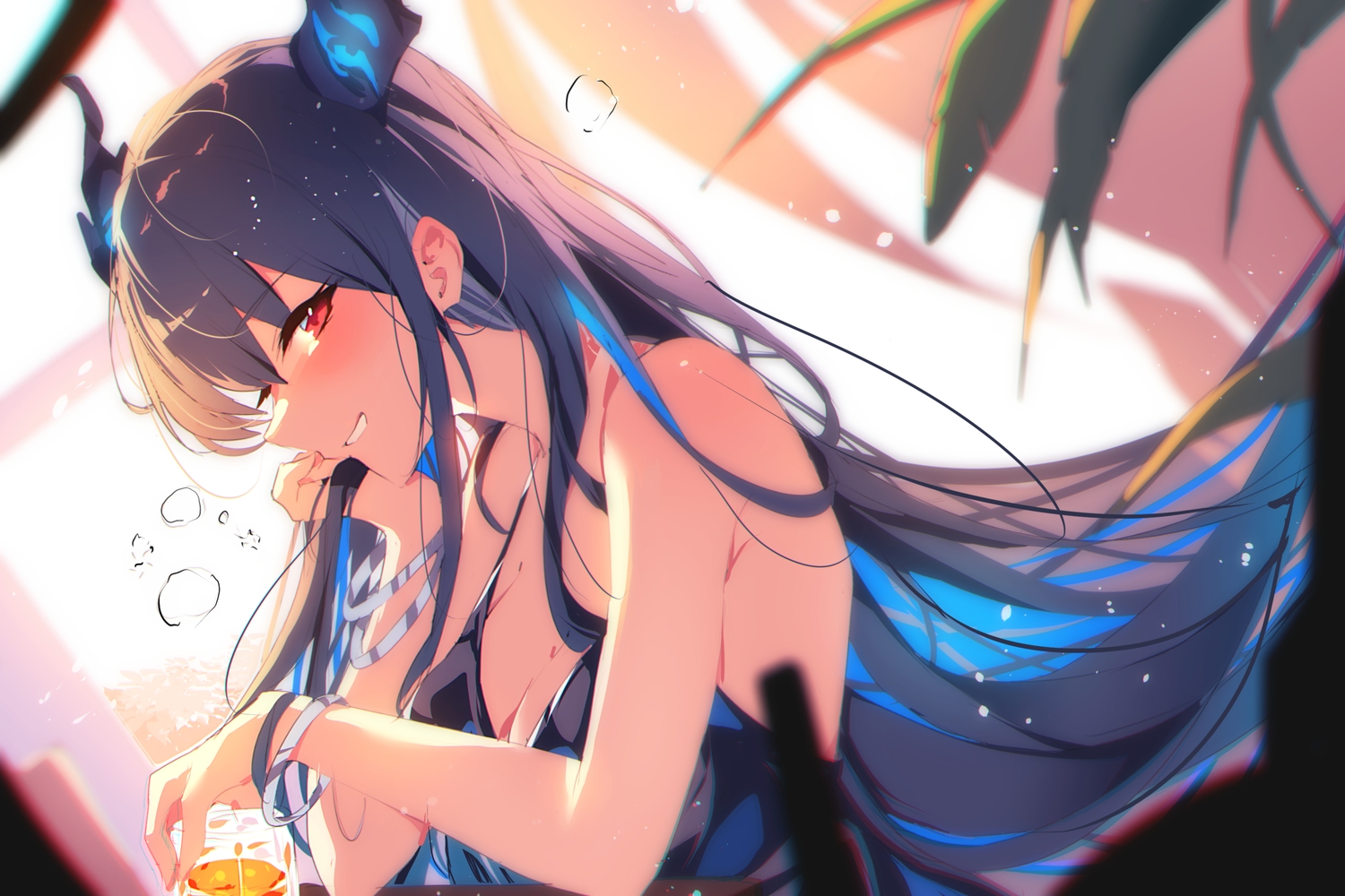 black_hair, blush, breasts, cleavage, close, drink, hololive, horns, leaves, long_hair, nerissa_ravencroft, red_eyes, the0neulost, wristwear