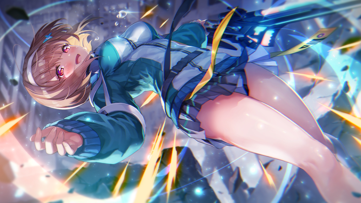 blush, brown_hair, headband, heaven_burns_red, ooshima_muua, red_eyes, ruins, short_hair, skirt, sword, tagme_(artist), weapon