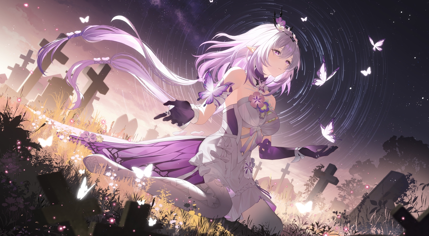 bow, butterfly, castorice_(honkai:_star_rail), clouds, cross, dress, elbow_gloves, flowers, gloves, grass, honkai_(series), honkai:_star_rail, long_hair, night, pantyhose, pao_wa_cong, pointed_ears, purple_eyes, purple_hair, silhouette, sky, stars, twintails