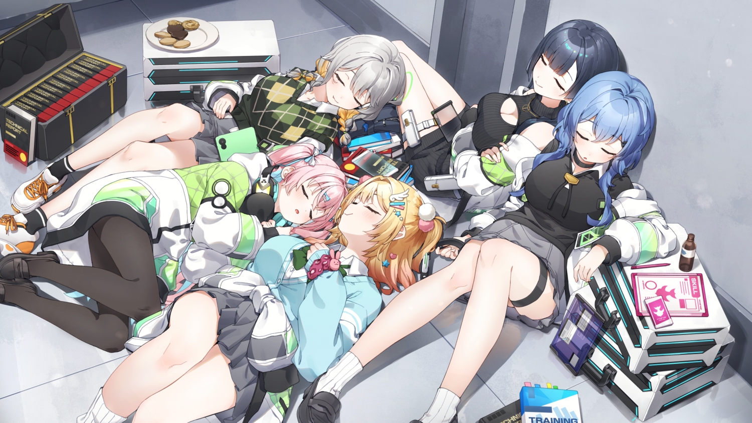 black_hair, blonde_hair, blue_hair, blush, book, braids, choker, evi_leenhardt, flute_melville, food, garter, gray_hair, group, headphones, layla_jenkins, long_hair, muv-luv, muv-luv_girls_garden, pantyhose, pink_hair, rosie_hughes, school_uniform, sienna_clark, skirt, sleeping, twintails, yukie_(kusaka_shi)