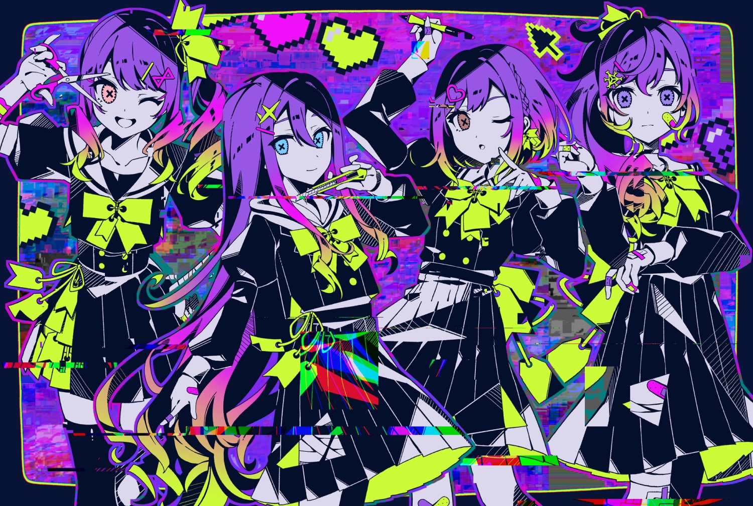 akiyama_mizuki, asahina_mafuyu, bandaid, blue_eyes, bow, braids, brown_eyes, bug_(vocaloid), group, heart, long_hair, nou_(nounknown), pink_eyes, polychromatic, ponytail, project_sekai, purple_eyes, purple_hair, school_uniform, shinonome_ena, short_hair, skirt, thighhighs, vocaloid, wink, yoisaki_kanade, zettai_ryouiki