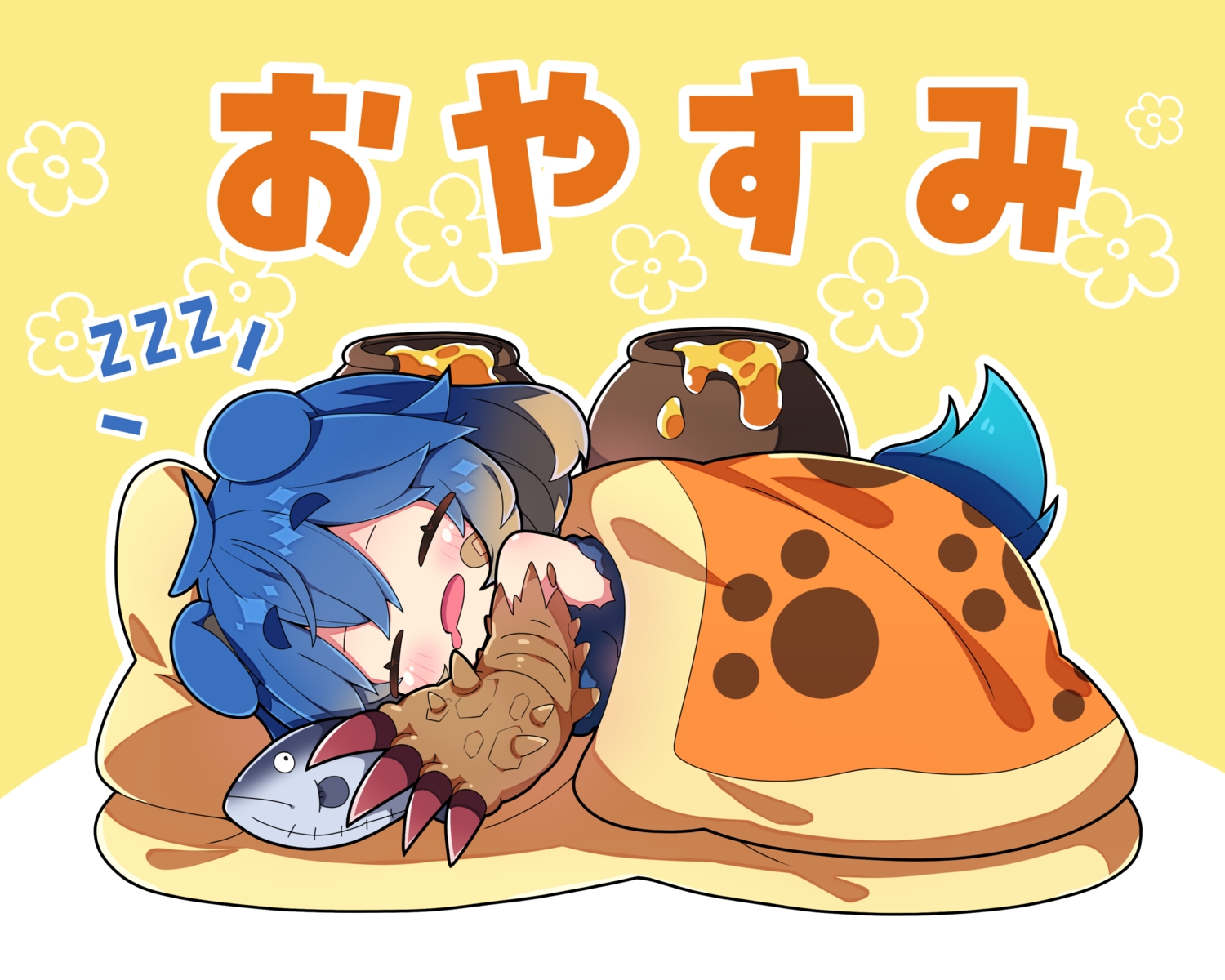 animal_ears, anthropomorphism, arzuros, bandaid, bed, blue_hair, blush, chibi, milkpanda, monster_hunter, sleeping, tail, yellow