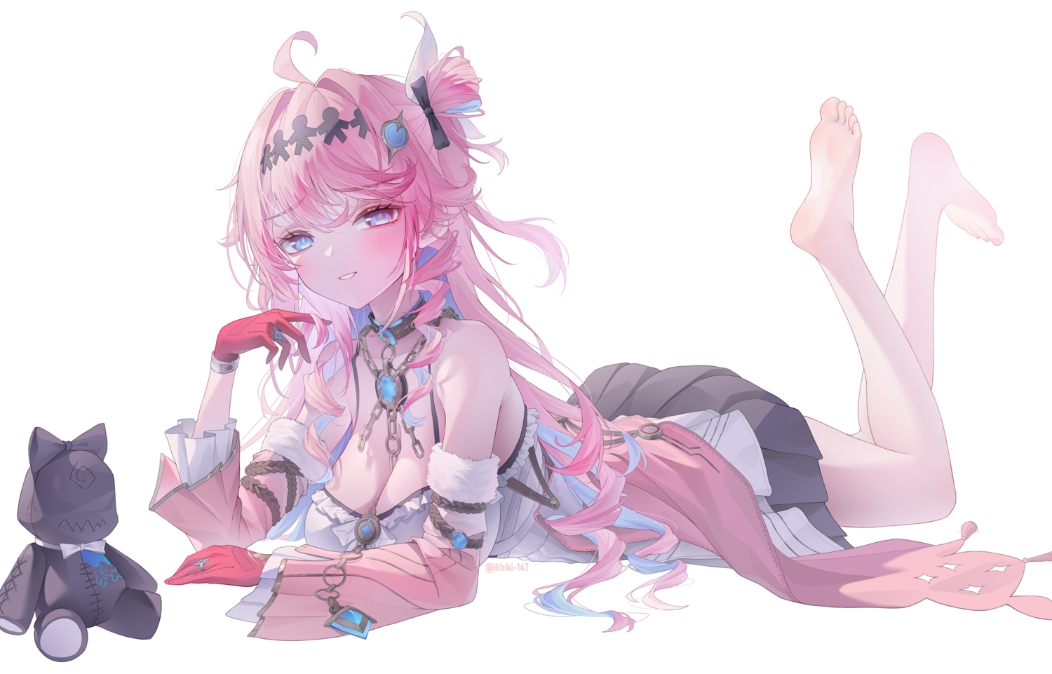 barefoot, blue_eyes, blush, breasts, chain, choker, cleavage, denia_(wuthering_waves)
