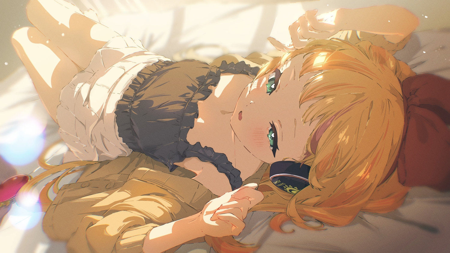 bed, blonde_hair, blush, close, flat_chest, green_eyes, headphones, kazueru