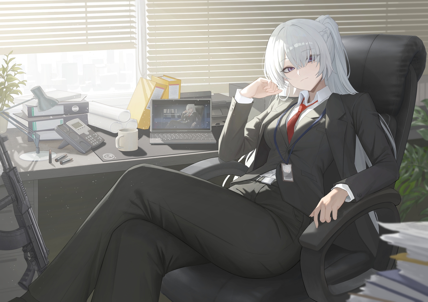 ak15_(girls_frontline), book, braids, computer, drink, girls_frontline, girls_frontline_2, gray_hair
