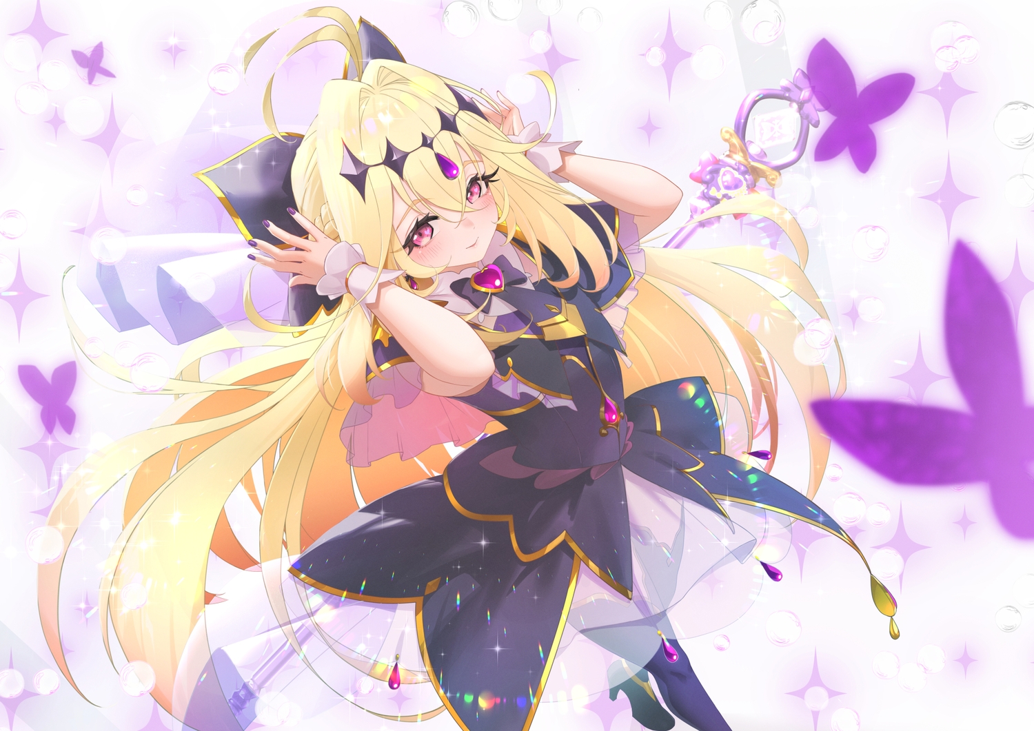 blonde_hair, blush, boots, bubbles, butterfly, cure_arcana_shadow, dress, long_hair