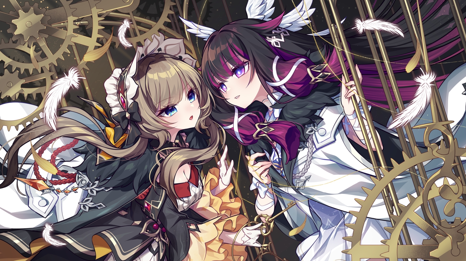 2girls, black_hair, blue_eyes, bow, breasts, brown_hair, cage, cleavage