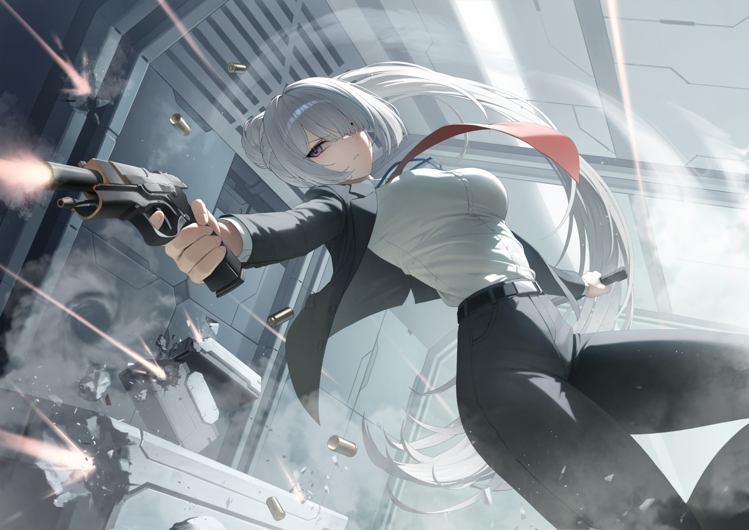 ak15_(girls_frontline), girls_frontline, girls_frontline_2, gray_hair, gun, long_hair, ponytail, purple_eyes, shirt, suit, tie, tm9090, voymastina_(girls_frontline_2), weapon