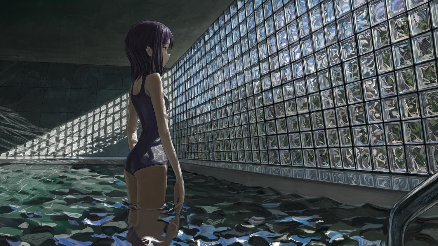 an_yb, ass, breasts, long_hair, original, pool, purple_hair, reflection