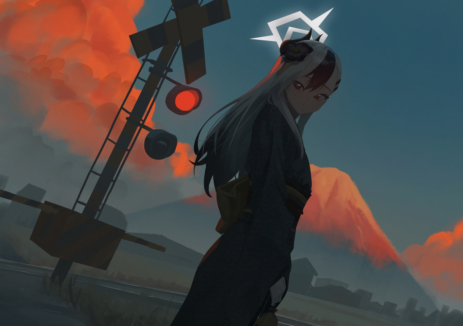 blue_archive, building, dark, grass, gray_hair, halo, horns, japanese_clothes, long_hair, onikata_kayoko, red_eyes, rifu002, sky, sunset, train
