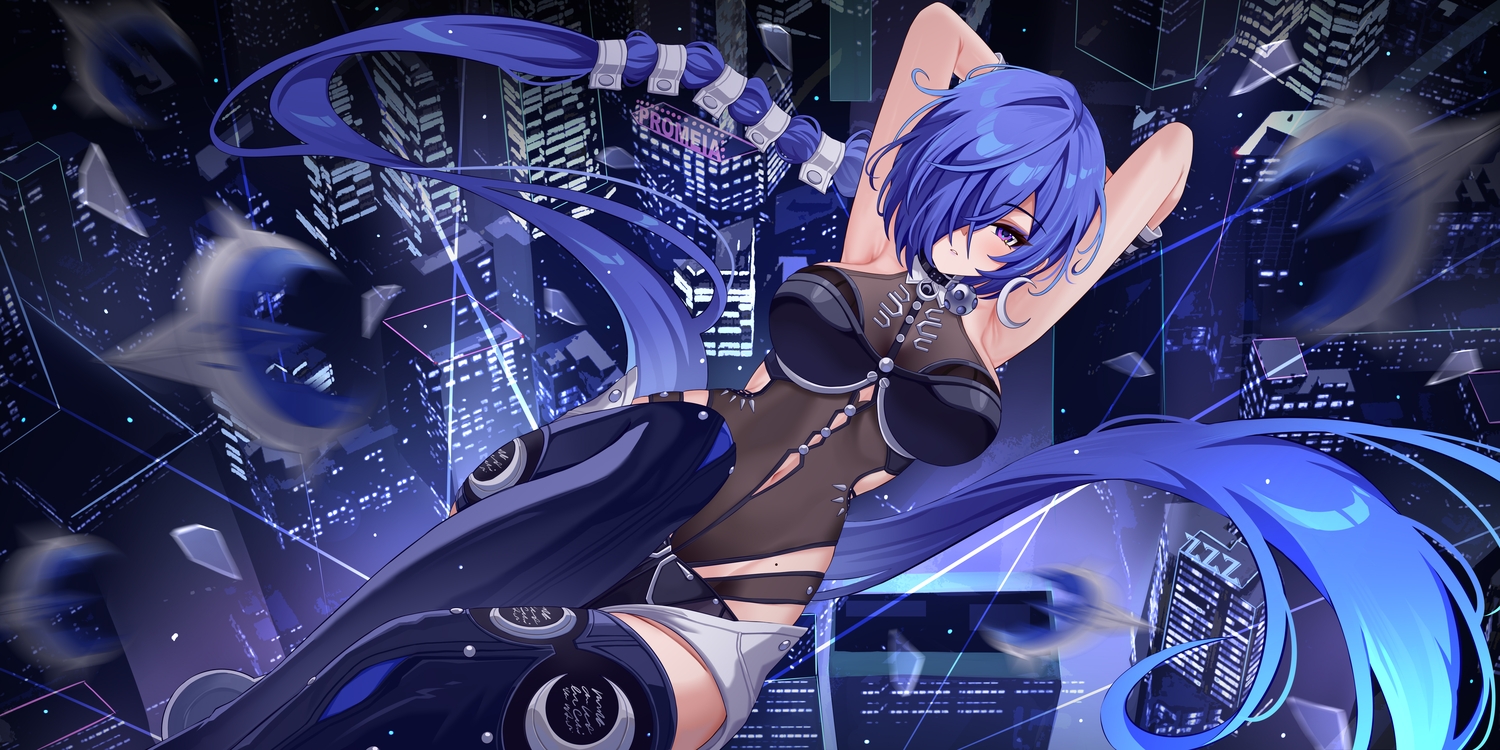 aichinaigai, blue_hair, boots, building, city, leotard, long_hair, navel, ponytail, promeia_(zenless_zone_zero), purple_eyes, shorts, thighhighs, zenless_zone_zero