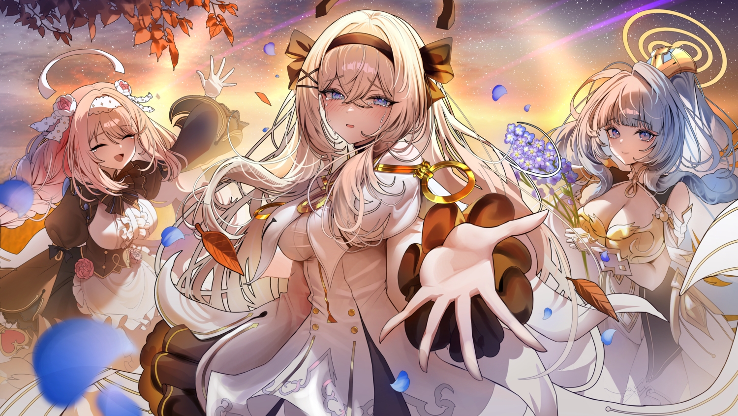 apron, beleth_(eversoul), blonde_hair, blue_eyes, blush, bow, braids, breast_hold