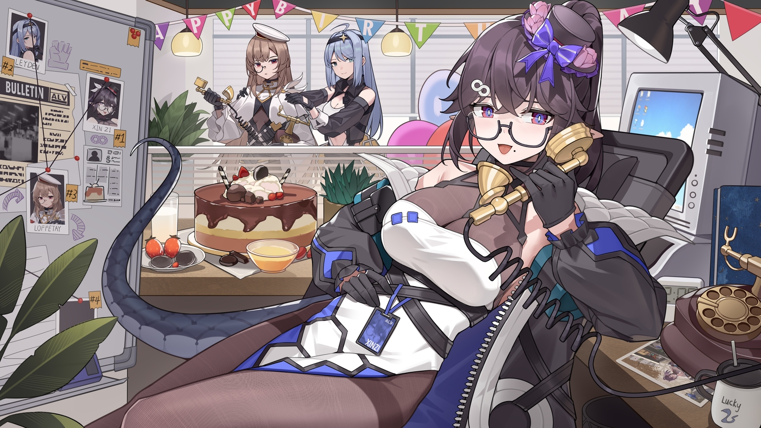 bow, brown_eyes, brown_hair, cake, computer, dress, food, glasses