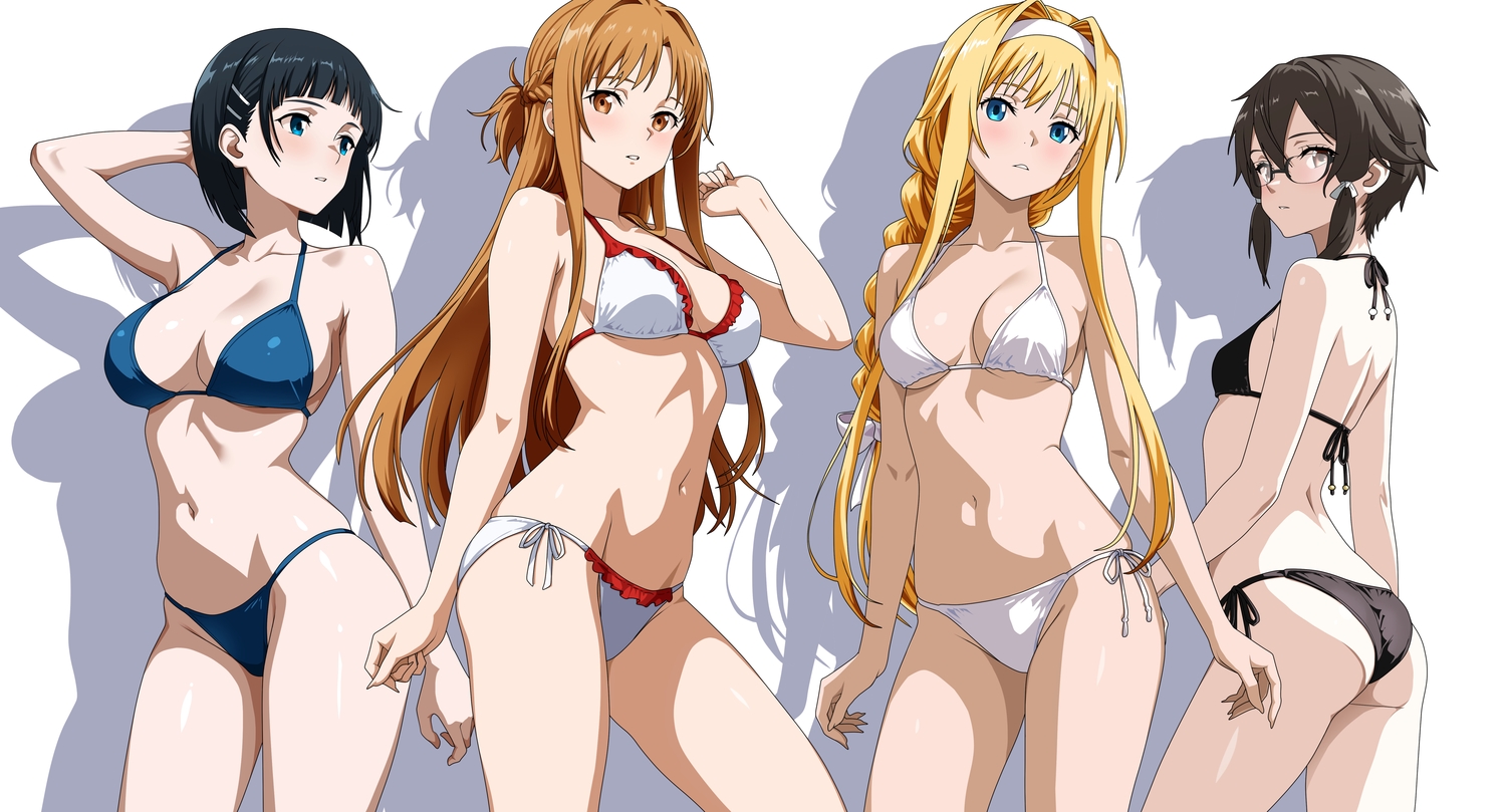 alice_zuberg, ass, bikini, black_hair, blonde_hair, blue_eyes, braids, brown_eyes, brown_hair, glasses, gray_eyes, group, headband, indy_k, kirigaya_suguha, long_hair, navel, ponytail, shinon_(sao), short_hair, swimsuit, sword_art_online, sword_art_online_alicization, yuuki_asuna