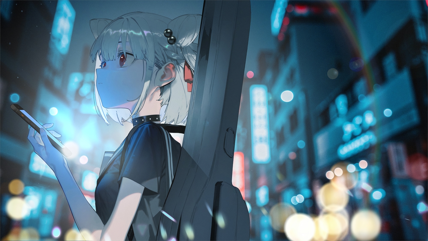 braids, building, choker, city, close, gray_hair, guitar, instrument