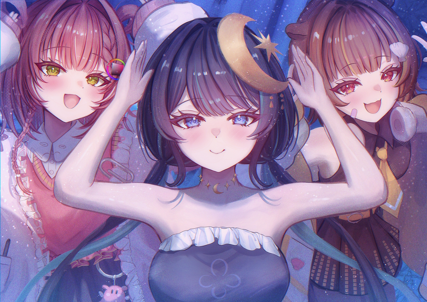 animal_ears, bandaid, black_hair, blue_eyes, blush, braids, brown_eyes, brown_hair