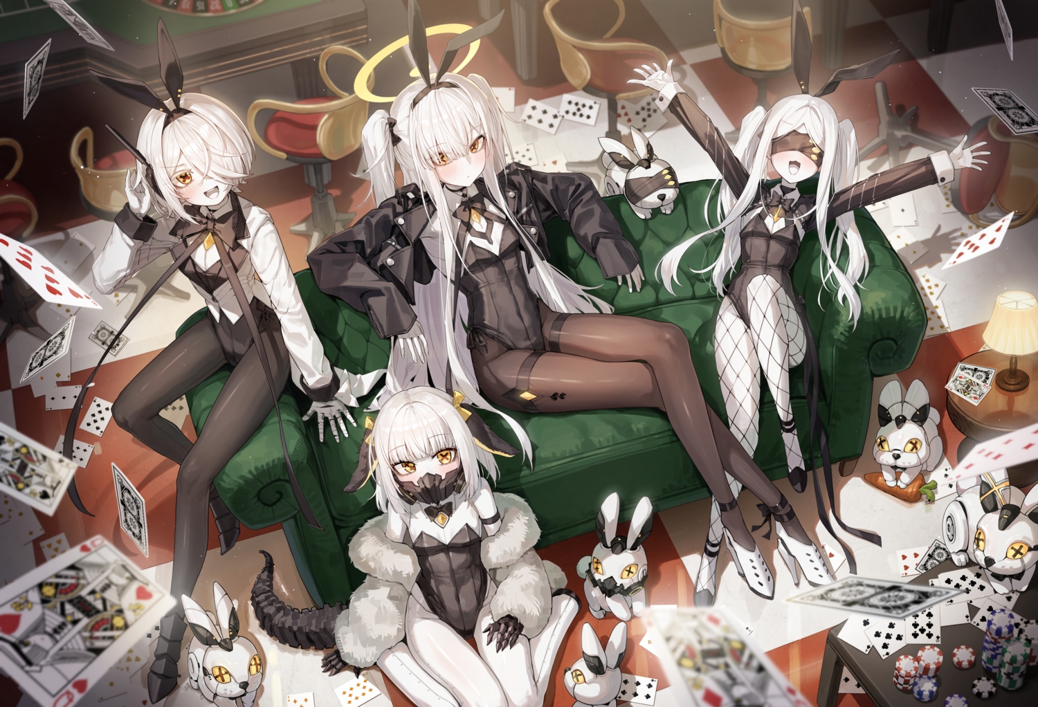 animal_ears, blindfold, blue_archive, blush, bow, bunny, bunny_ears, cat_smile