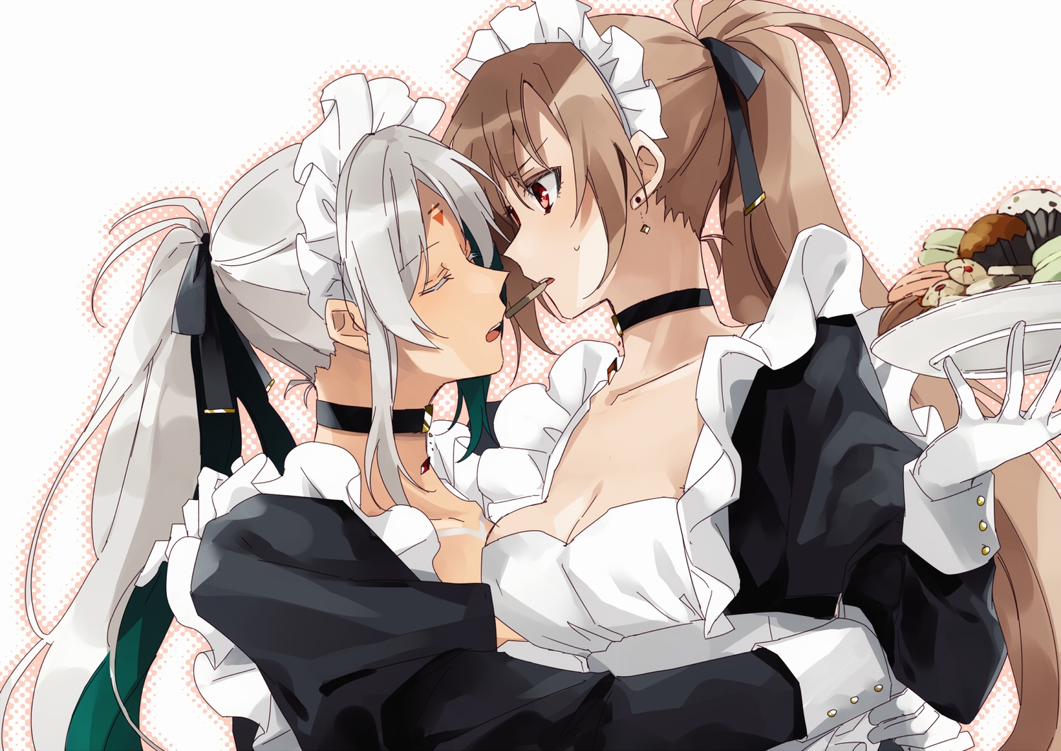 2girls, amazuki_jou, anthropomorphism, azur_lane, breasts, brown_hair, choker, cleavage