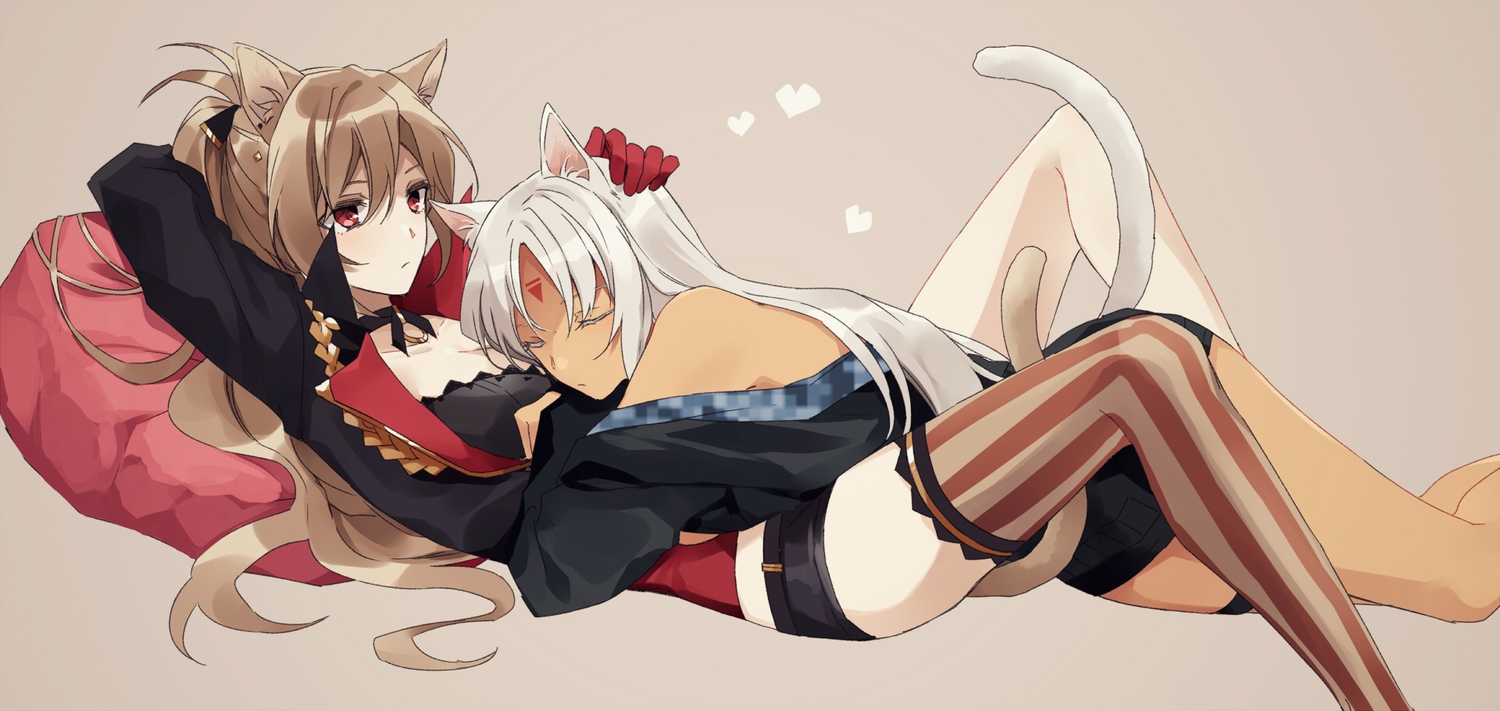2girls, amazuki_jou, animal_ears, anthropomorphism, azur_lane, brown, brown_hair, catgirl