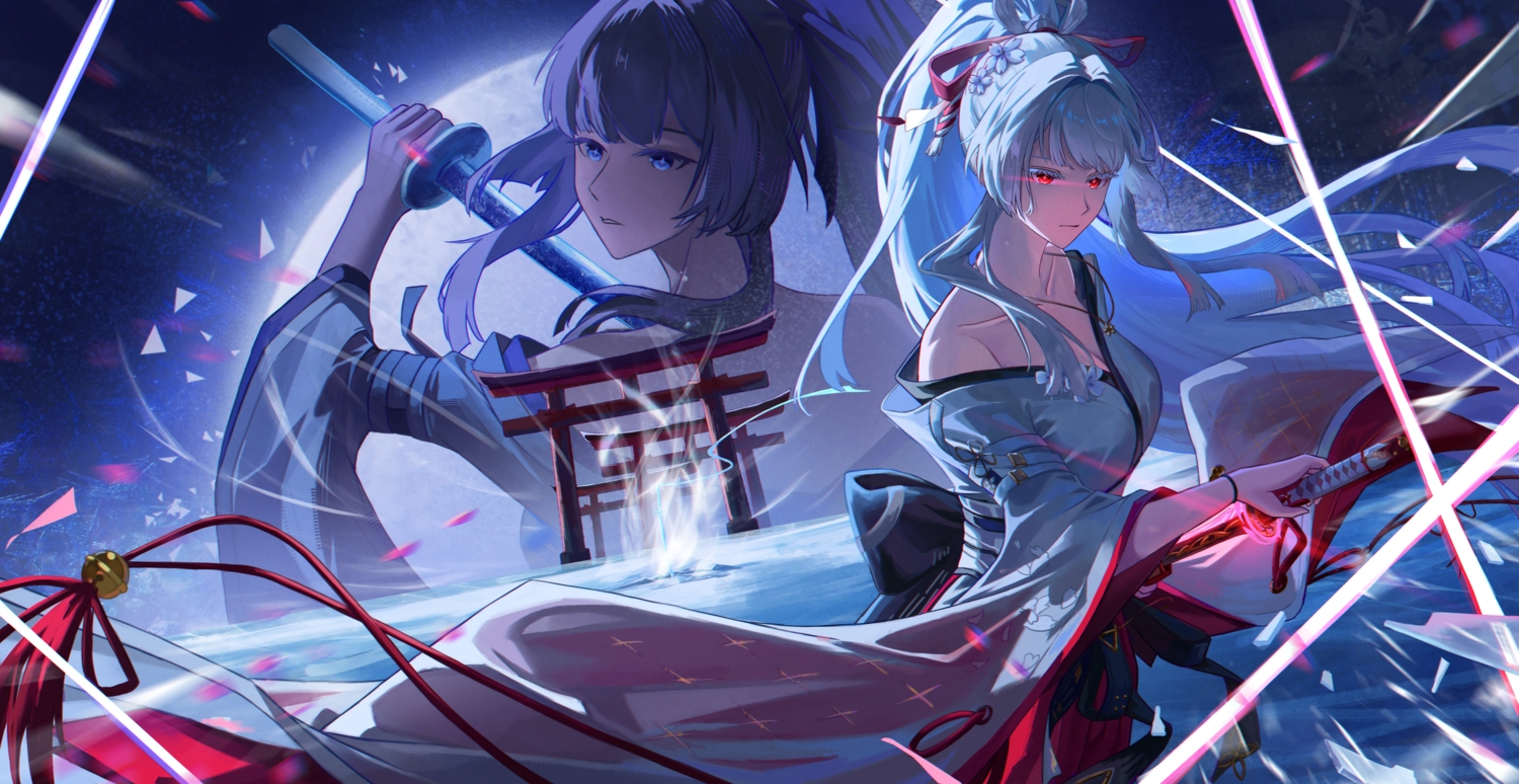 chun_ling, gray_hair, hiyuki_(wuthering_waves), japanese_clothes, katana, long_hair, moon, necklace
