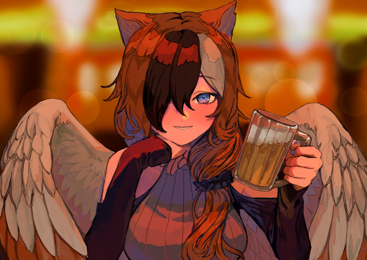 animal_ears, brown_hair, close, drink, estelle_(cieluscian), long_hair, original, ponytail, purple_eyes, shima_natsu35, wings