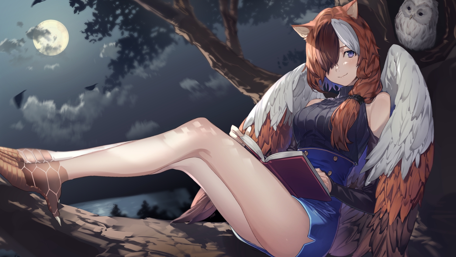 animal, animal_ears, bird, blush, book, brown_hair, estelle_(cieluscian), long_hair, moon, nat_latework, night, original, ponytail, purple_eyes, skirt, sky, tree, wings