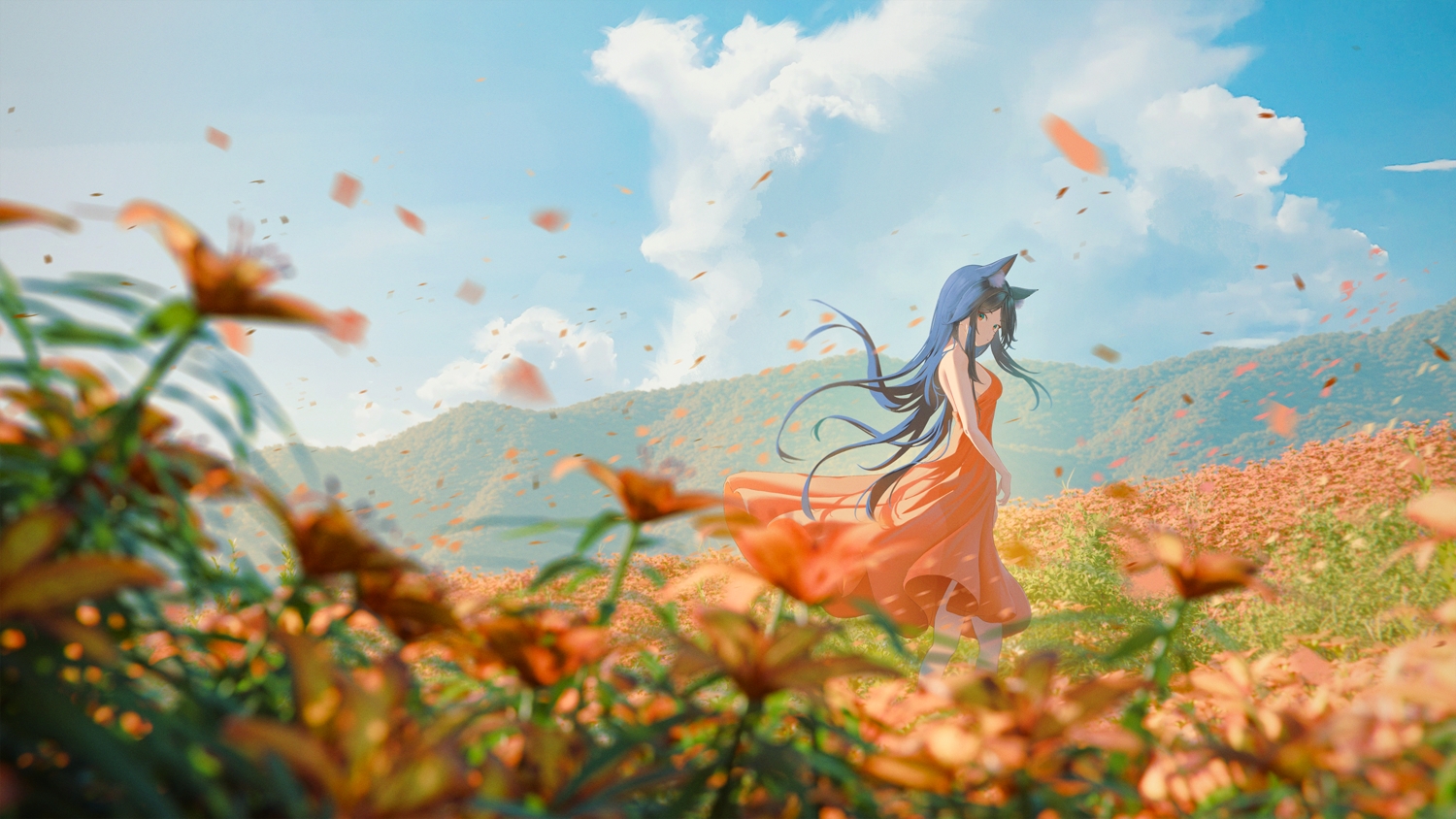 animal_ears, arknights, black_hair, clouds, dress, flowers, lit_for_20, long_hair