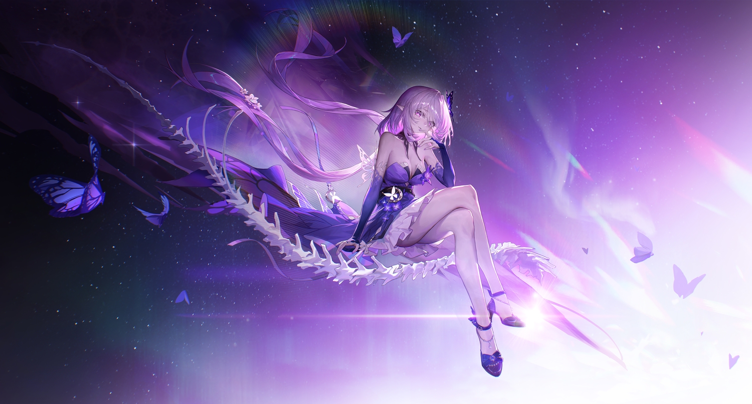bones, breasts, butterfly, castorice_(honkai:_star_rail), cleavage, dress, elbow_gloves, gloves, honkai_(series), honkai:_star_rail, lettereast, long_hair, pointed_ears, purple, purple_eyes, purple_hair, stars, twintails