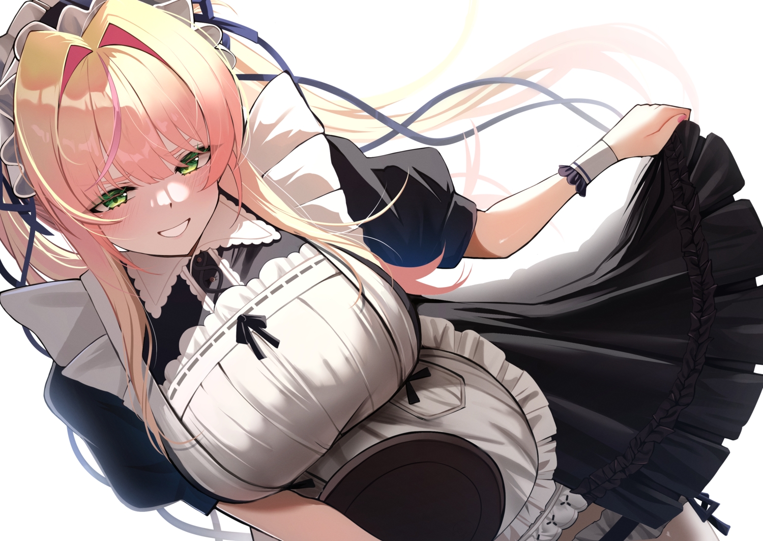 apron, blonde_hair, blush, close, garter, green_eyes, headband, hololive, long_hair, maid, momosuzu_nene, papaya_b0i, ribbons, wristwear