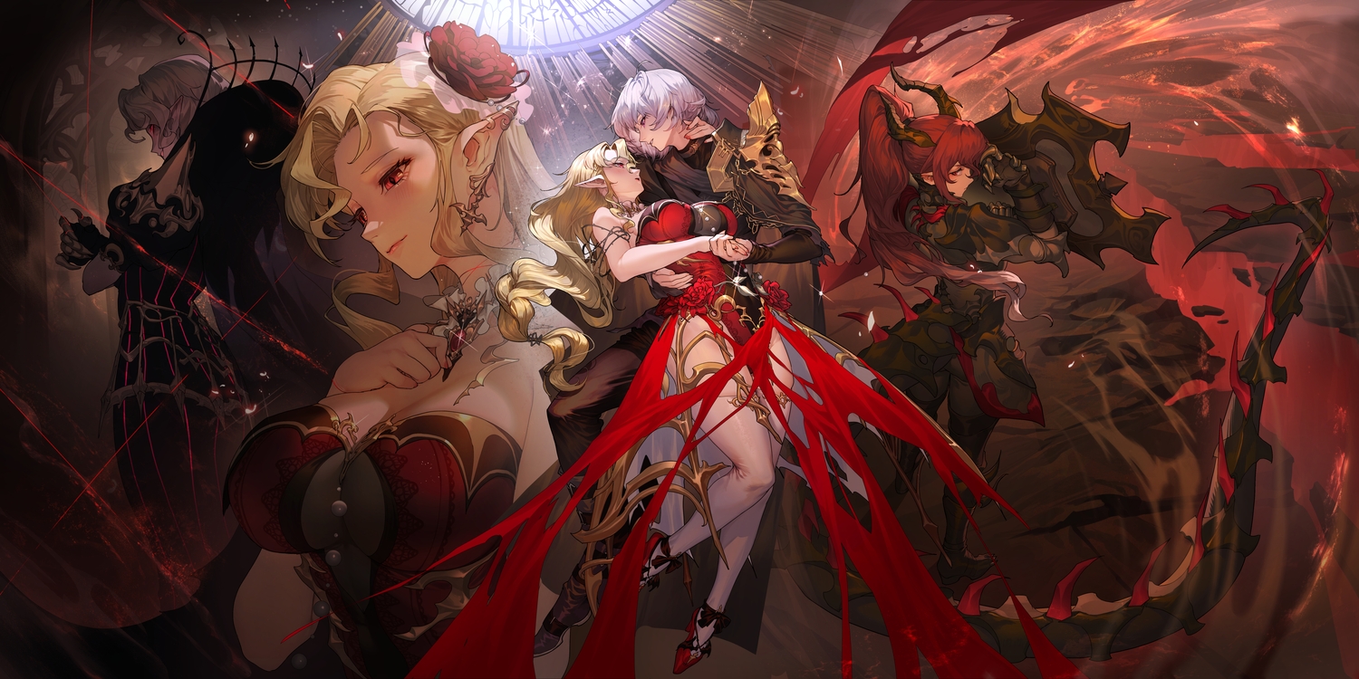 armor, blonde_hair, breast_hold, breasts, cleavage, dress, gray_hair, horns, hug, jinlin, long_hair, male, pointed_ears, ponytail, red_eyes, red_hair, silver_and_blood, tagme_(character), tail, torn_clothes