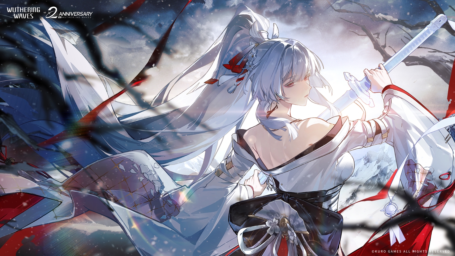 close, gray_hair, hiyuki_(wuthering_waves), japanese_clothes, katana, kimono, logo, long_hair