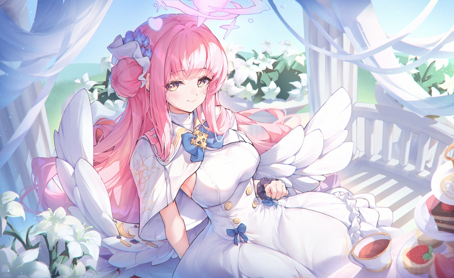 blue_archive, blush, bow, cake, cape, dress, drink, flowers