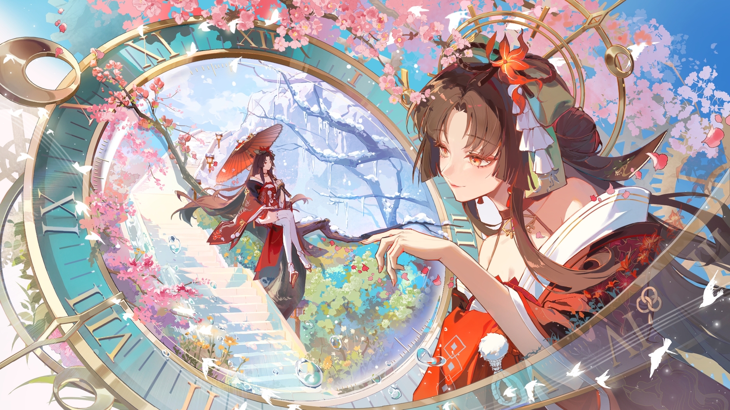 animal, asona, bird, brown_eyes, brown_hair, cherry_blossoms, choker, flowers