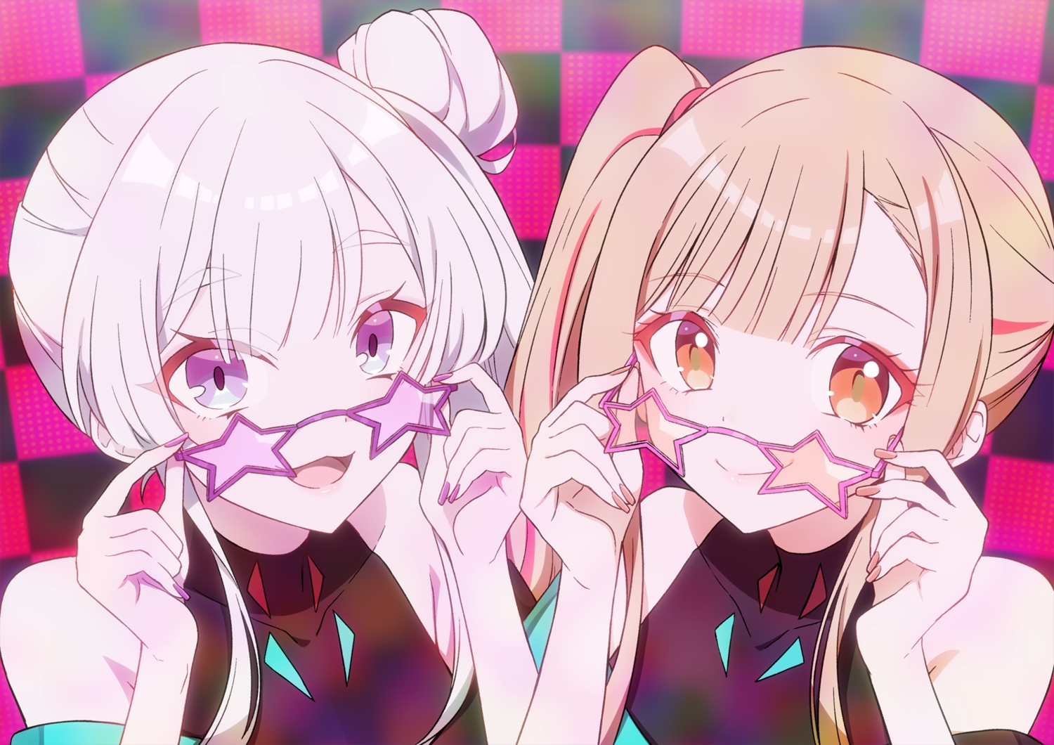 2girls, brown_eyes, brown_hair, cat_smile, cho_kaguya-hime!, close, glasses, gray_hair, kaguya_(cho_kaguya-hime!), long_hair, purple_eyes, runami_yachiyo, twintails, yuto_(dialique)