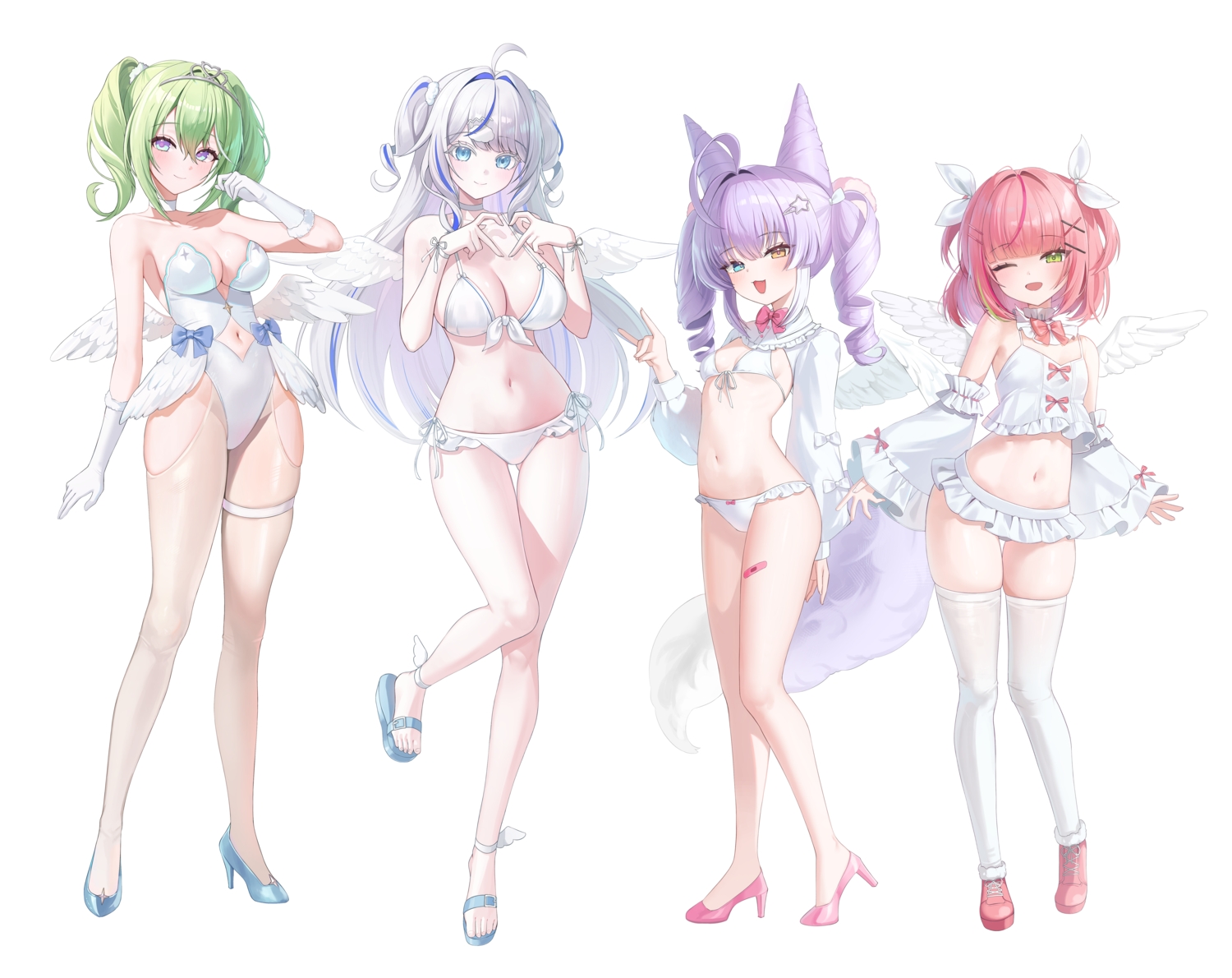 aokumo_rin, bandaid, bicolored_eyes, bikini, blue_eyes, blush, bow, breasts