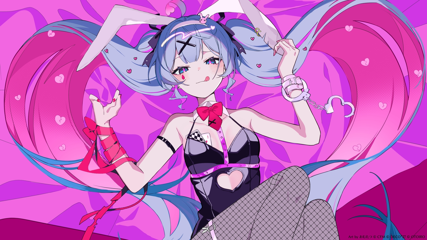 animal_ears, aqua_hair, blue_eyes, bow, bunny_ears, bunnygirl, close, garter