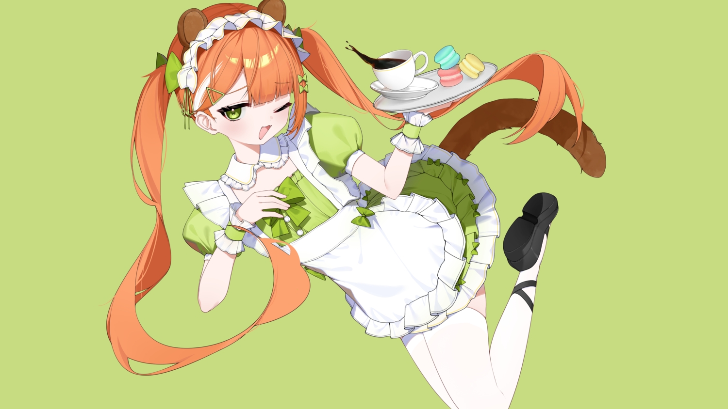 animal_ears, apron, bow, cat_smile, drink, flat_chest, food, green