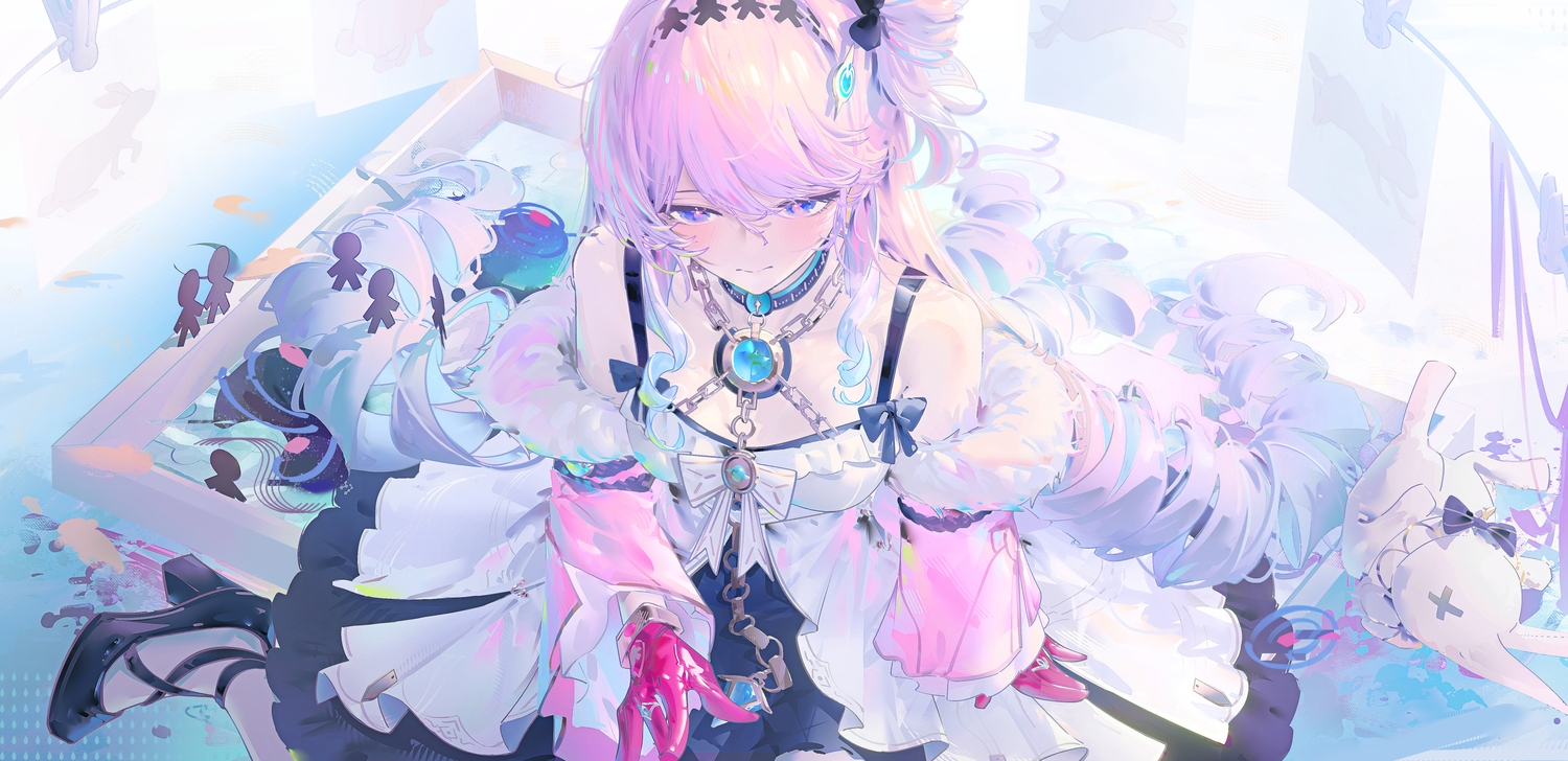 999kun, aliasing, blue_eyes, blush, bow, bunny, chain, choker